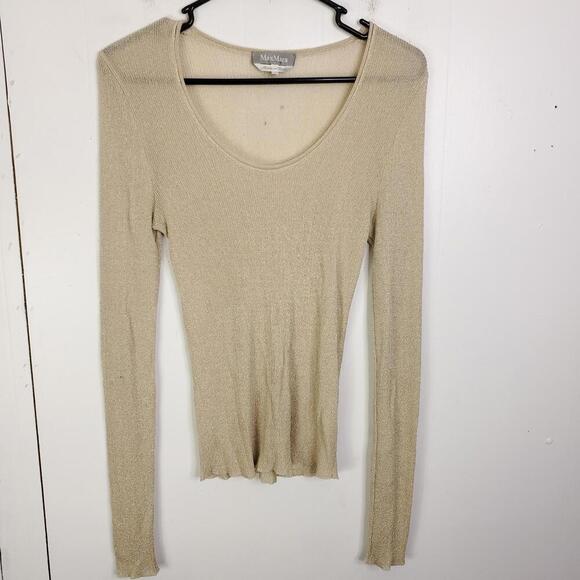 Max Mara Top Womens Large Fitted Long Sleeve Scoop Neck Textured Golden Italy - Picture 1 of 8